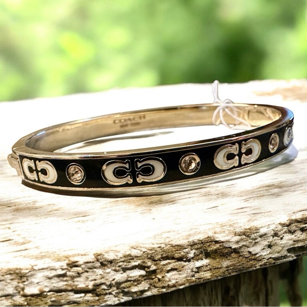 NWT Coach Signature Enamel Hinged Bangle; Black/Gold in Coach Polybag